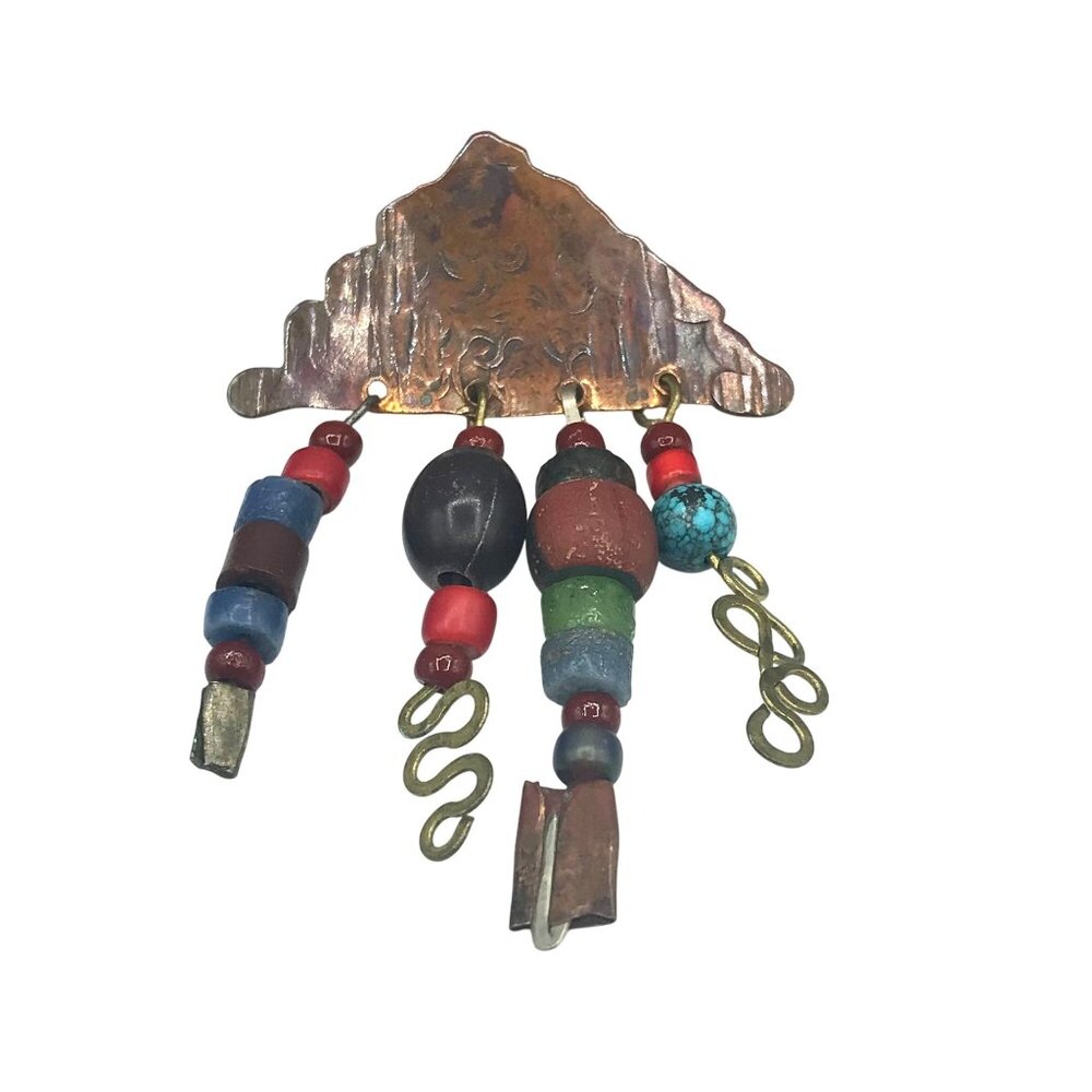 Eclectic Hand Crafted Boho Brooch, Mixed Metals Copper Mountain with Beaded Dang